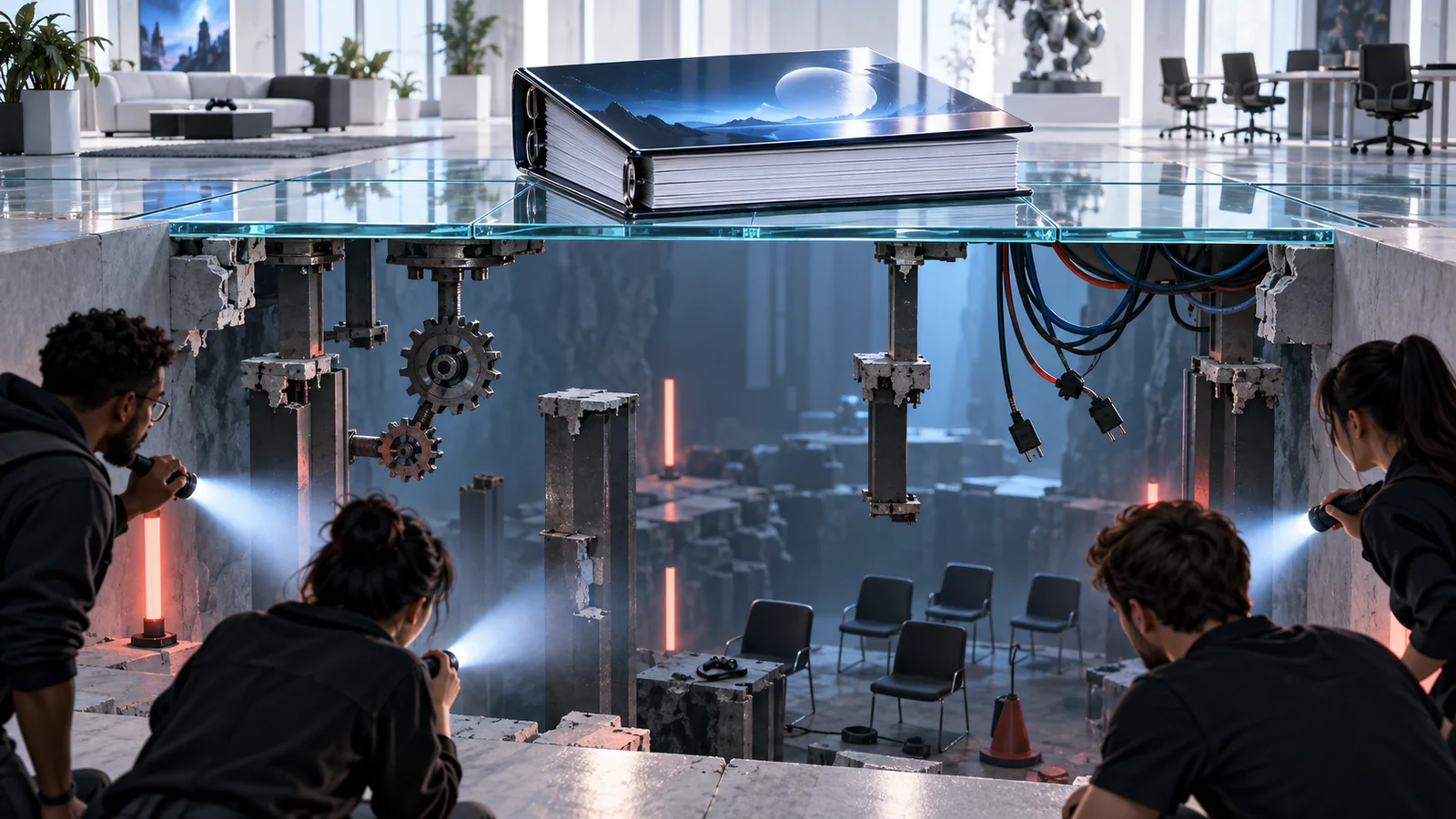 A polished design binder rests on a glass bridge with missing supports, disconnected gears, and empty playtest chairs beneath it.