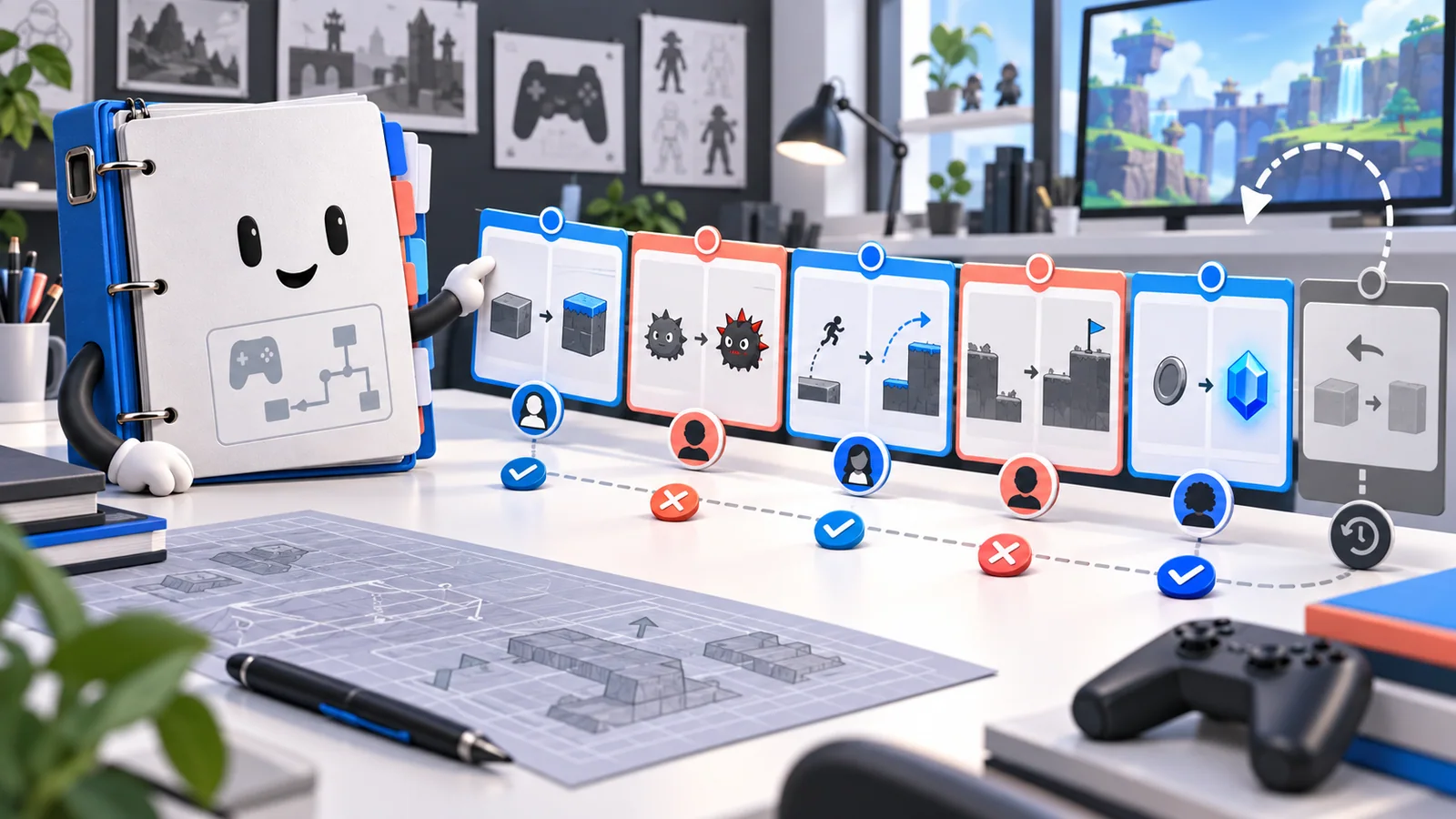 A living design binder connects to a chronological trail of mechanic revisions, owners, and rollback points.