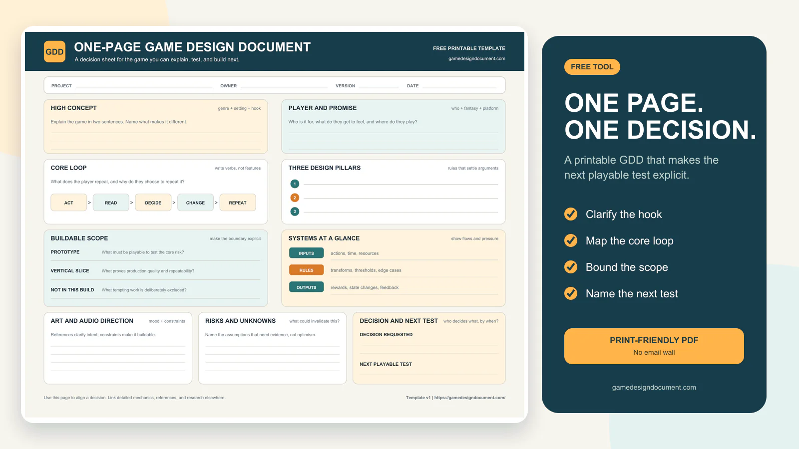 Preview of the free one-page game design document template